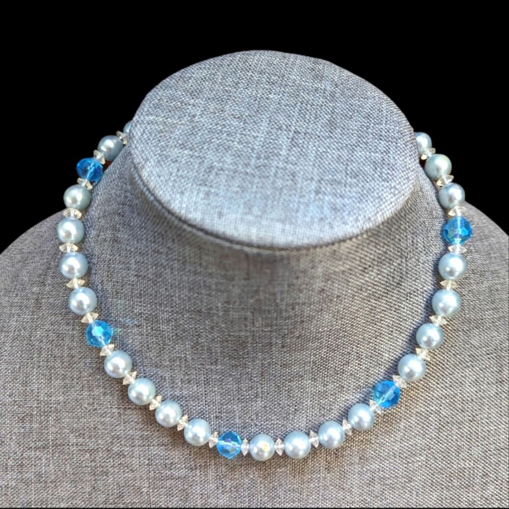 Vintage Blue Faux Pearl Faceted Sparkly Beaded Chic Hidden Box Clasp Necklace